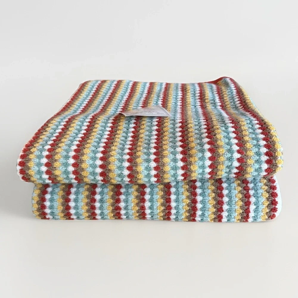 (2) Bella Lux Jacquard Chevron Bath Towel Textured Stripe Aqua Rust‎ Mustard New
